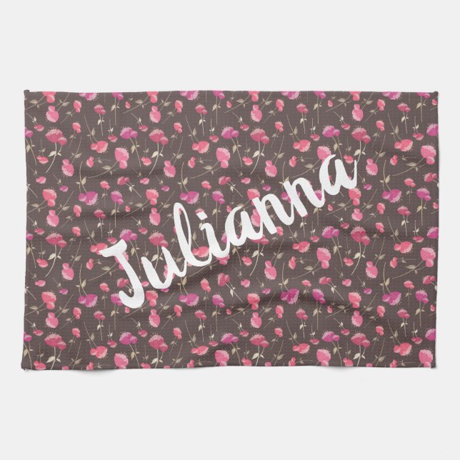 Boho Chic Floral Pattern Pink Brown Personalized  Kitchen Towel (Horizontal)