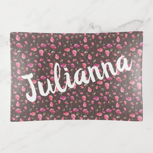 Boho Chic Floral Pattern Pink Brown Personalized Trinket Tray (Front)