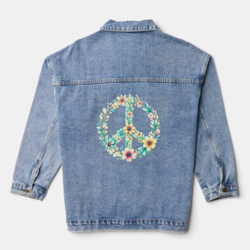 Boho Chic Floral Peace Sign Blue Jean Coat Denim Jacket