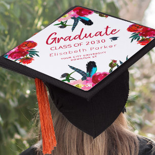 Boho chic floral red navy elegant graduate summer graduation cap topper
