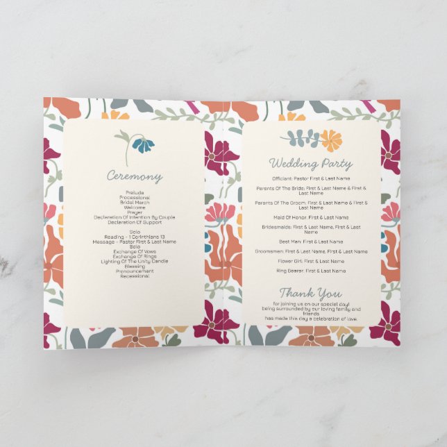 Boho Chic Floral Retro Wedding Order of Service Program (Inside)