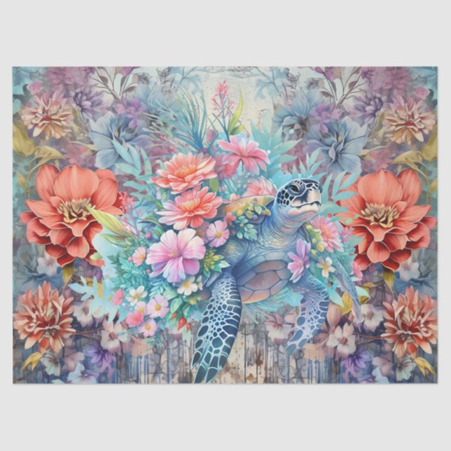Boho Chic Floral Sea Turtle Decoupage Tissue Paper (Front)