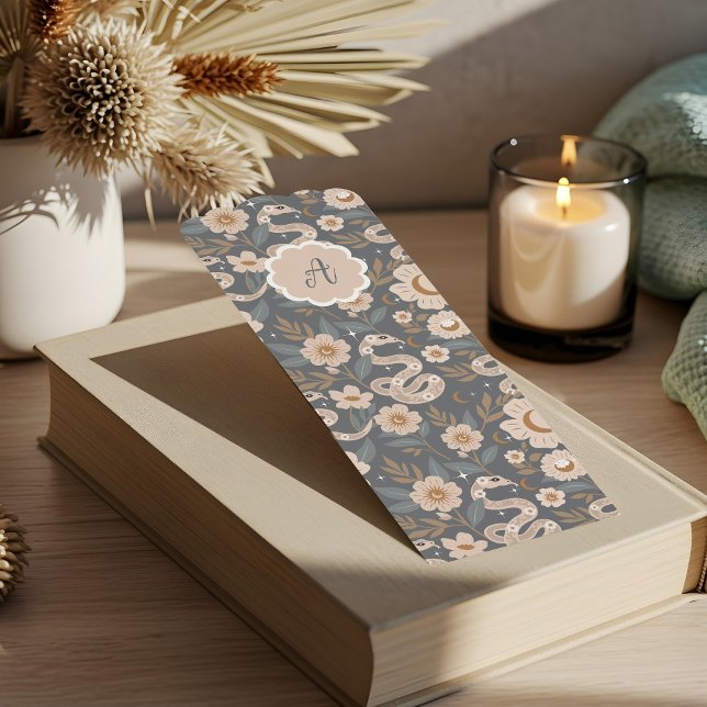 Boho Chic Floral Snake & Moon Pattern Monogram Bookmarks (Boho Chic Floral Snake & Moon Pattern Monogram Bookmarks)