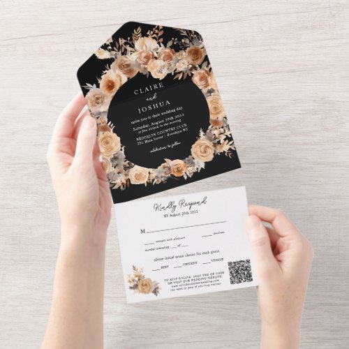 Boho Chic Floral Terracotta Black QR Code Wedding All In One Invitation