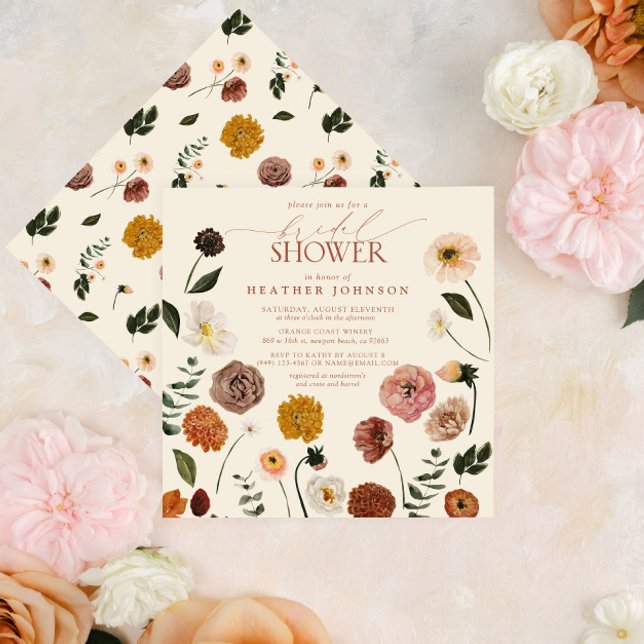 Boho Chic Floral Terracotta Modern Bridal Shower Invitation (Easy to personalize fall terracotta floral bridal shower invitation.)