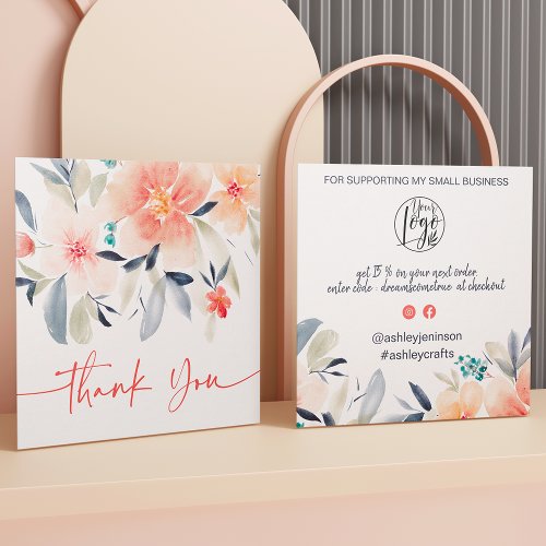 Boho chic floral watercolor order thank you square business card