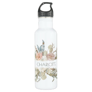 Boho Chic Floral Watercolor Personalized Name Stainless Steel Water Bottle