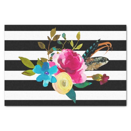 Boho Chic Floral Watercolor  Stripes Wedding Tissue Paper