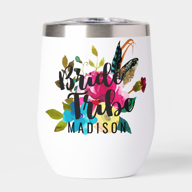Boho Chic Floral Watercolor Wedding Bride Tribe Thermal Wine Tumbler (Front)