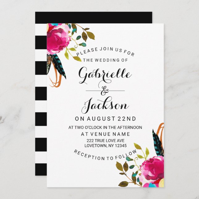 Boho Chic Floral Watercolor Wedding Invitations (Front/Back)