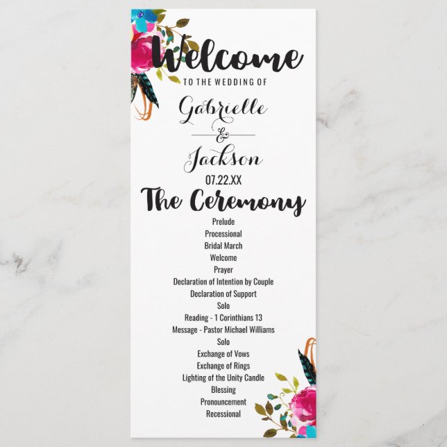 Boho Chic Floral Watercolor Wedding Program (Front)