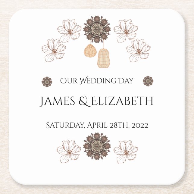 Boho Chic Floral Wedding  Square Paper Coaster (Front)