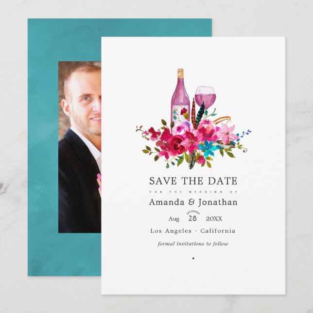 Boho Chic Floral Wine Tasting Wedding Photo Save The Date (Front/Back)