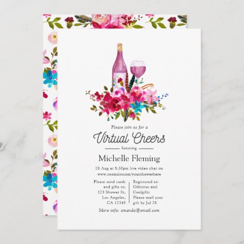 Boho Chic Floral Wine Themed Virtual Bridal Shower Invitation