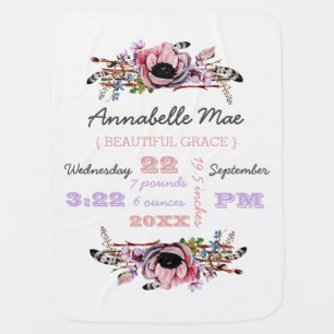 Boho Chic Floral Wreath Baby Girl Birth Stats Baby Blanket