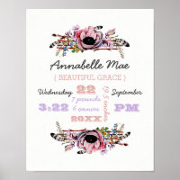 Boho Chic Floral Wreath | Baby Girl Birth Stats Poster