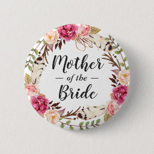 Boho Chic Floral Wreath Mother of the Bride Groom Button