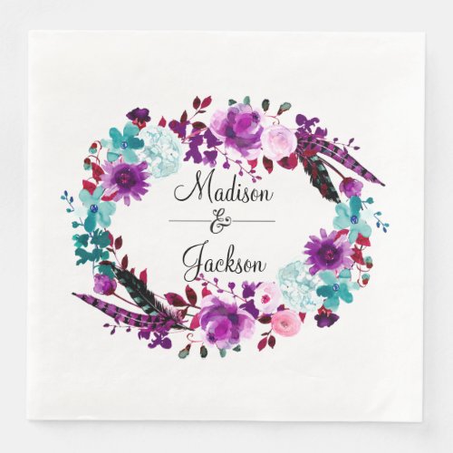 Boho Chic Floral Wreath Purple Wedding Monogram Paper Dinner Napkins