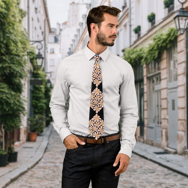 Boho Chic Florals Black Personalize Initial Neck Tie (Creator Uploaded)