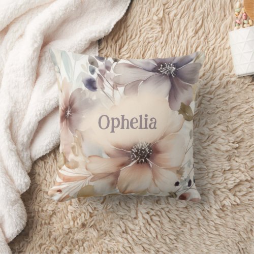 Boho Chic Florals Leaves Baby Name  Throw Pillow