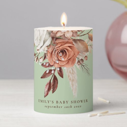 Boho Chic Florals Name Sage Baby Shower Pillar Candle