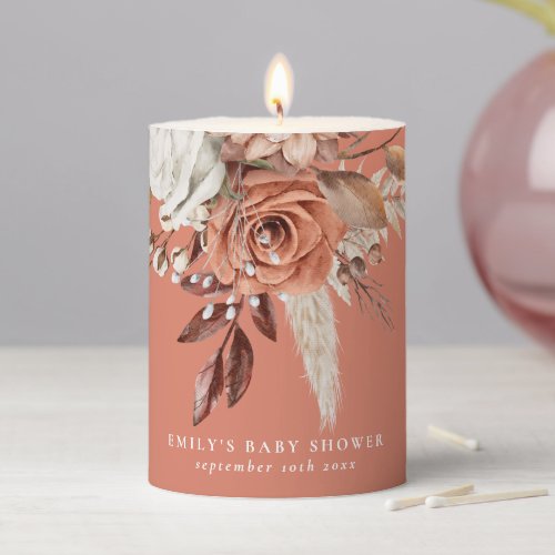 Boho Chic Florals Name Terracotta Baby Shower Pillar Candle