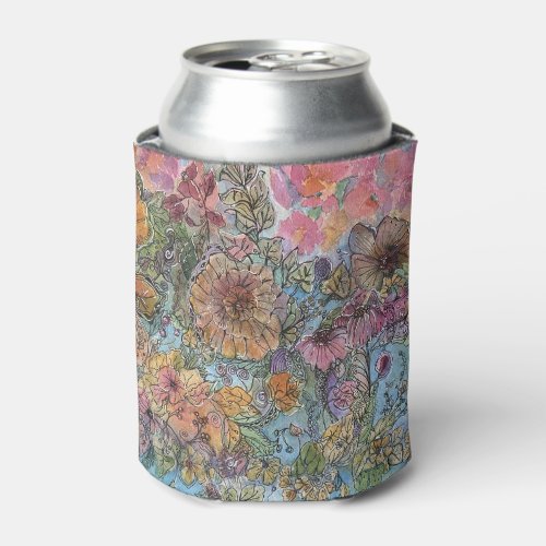 Boho Chic Flower Garden Watercolor Painting  Can Cooler