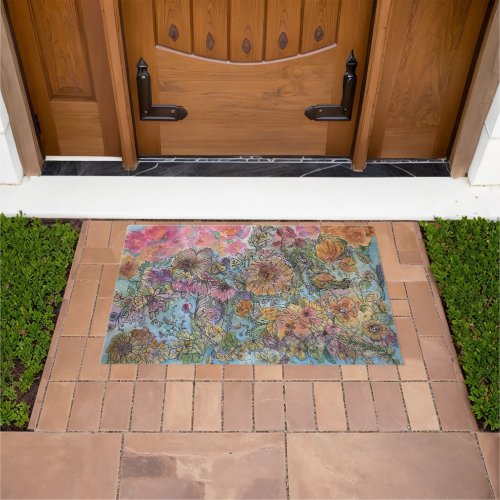 Boho Chic Flower Garden Watercolor Painting  Doormat