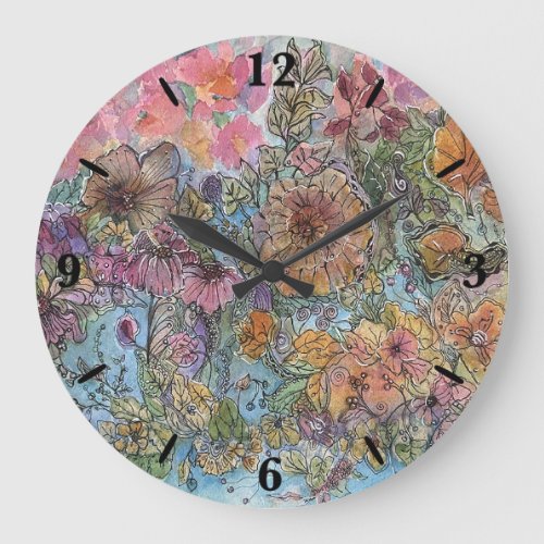 Boho Chic Flower Garden Watercolor Painting  Large Clock