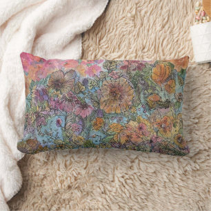 Boho Chic Flower Garden Watercolor Painting Lumbar Pillow