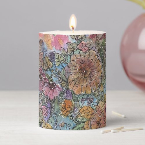 Boho Chic Flower Garden Watercolor Painting  Pillar Candle