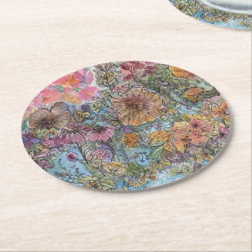 Boho Chic Flower Garden Watercolor Painting  Round Paper Coaster