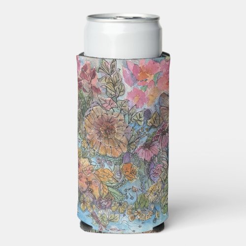 Boho Chic Flower Garden Watercolor Painting  Seltzer Can Cooler