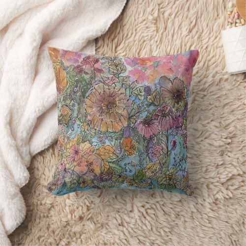 Boho Chic Flower Garden Watercolor Painting  Throw Pillow