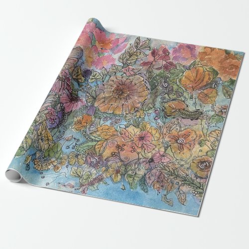 Boho Chic Flower Garden Watercolor Painting  Wrapping Paper