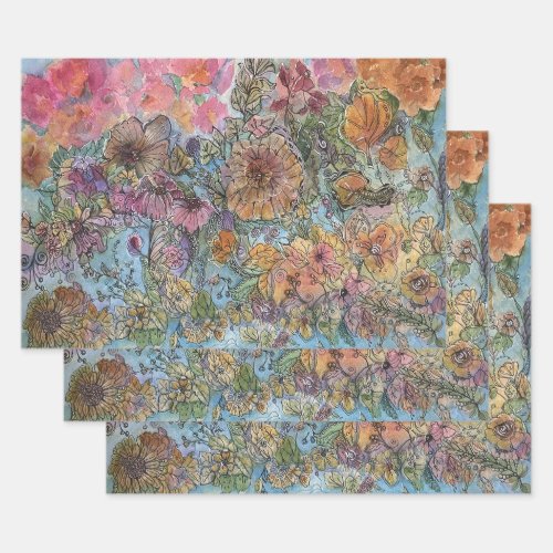 Boho Chic Flower Garden Watercolor Painting  Wrapping Paper Sheets