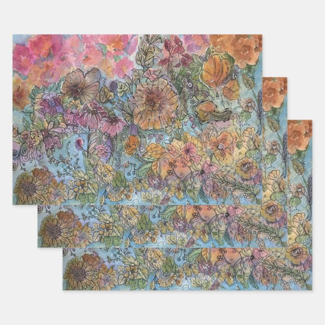Boho Chic Flower Garden Watercolor Painting  Wrapping Paper Sheets (Set)
