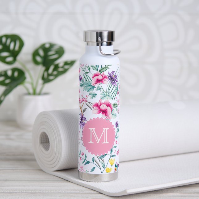 Boho Chic Flowers & Butterflies Monogrammed Water Bottle (Yoga)