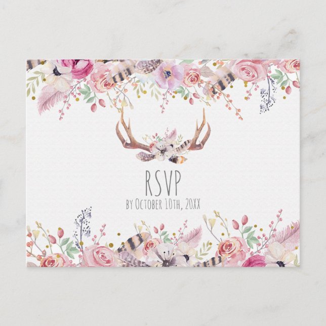 Boho Chic Flowers Deer Antlers Rustic Wedding RSVP Invitation Postcard (Front)
