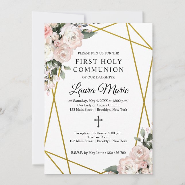 Boho Chic Geometric Florals First Holy Communion Invitation (Front)