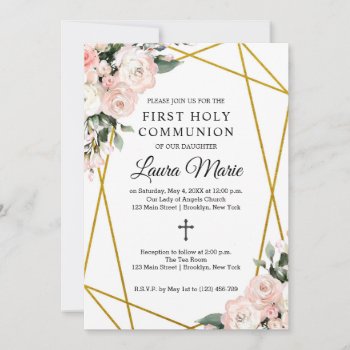 Boho Chic Geometric Florals First Holy Communion Invitation by PurplePaperInvites at Zazzle