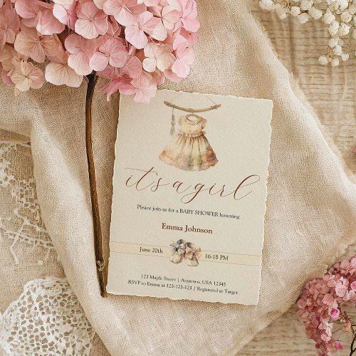 Boho Chic Girl Dress Beige Baby Shower Invitation