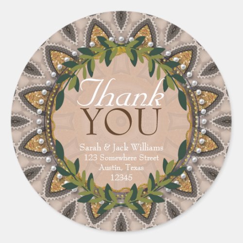 Boho_Chic Glitter Sunflower Laurel Cute Thank You Classic Round Sticker