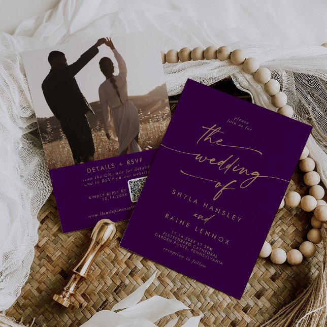 Boho Chic Gold and Purple Photo QR Code Wedding Invitation (Creator Uploaded)