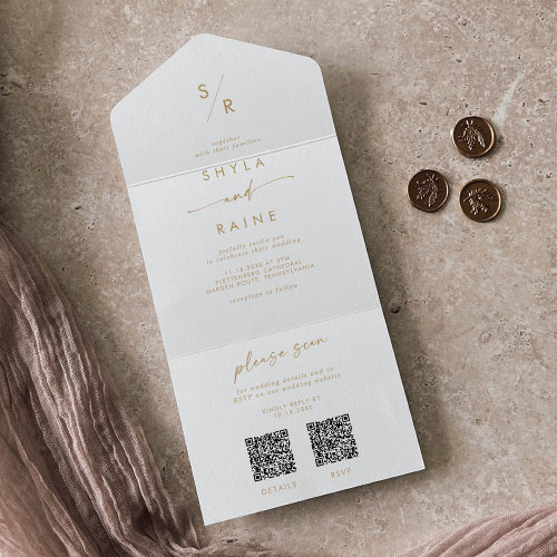 Boho Chic Gold and White Dual QR Code Wedding All In One Invitation