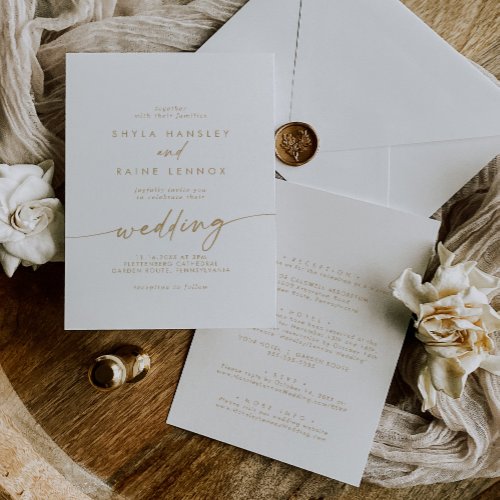 Boho Chic Gold and White Front and Back Wedding Invitation