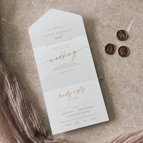 Boho Chic Gold and White Meal Choice RSVP Wedding All In One Invitation
