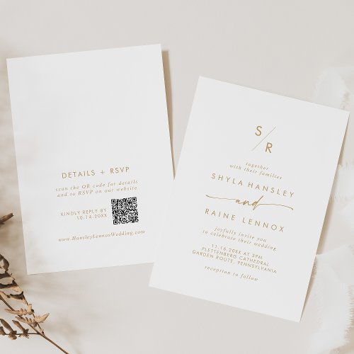 Boho Chic Gold and White Monogram QR Code Wedding Invitation