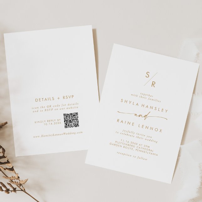 Boho Chic Gold and White Monogram QR Code Wedding Invitation (Boho Chic Gold and White Monogram QR Code Wedding Invitation)