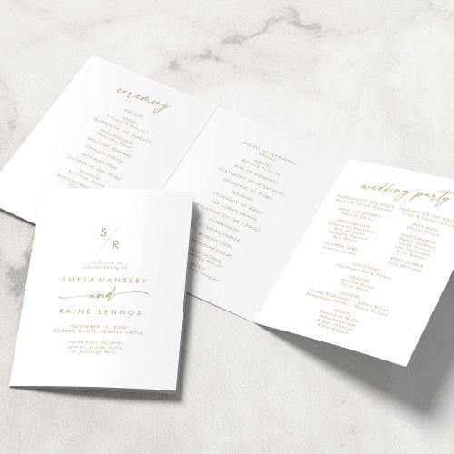 Boho Chic Gold and White Monogram Wedding Tri_Fold Program